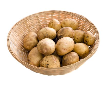 A wicker basket of fresh garden potatoes, isolated against a white background