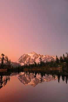 Mt Shuksan with the alpine sunset glow vertical
