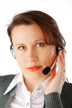 Closeup portrait of a young business woman with headset, isolated over white background