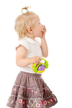 Small baby girl with a toy isolated on white background