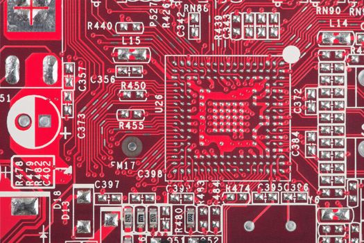Background from red circuit board close up