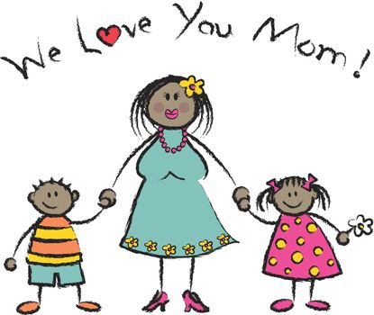 WE LOVE YOU MOM dark skin tone family greeting (vector)