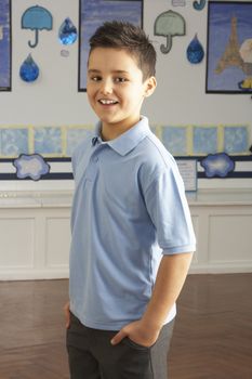 Portrait Of Male Primary School Pupil Standing In Classroom