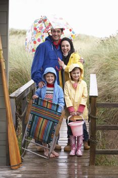 Family on beach with umbrella