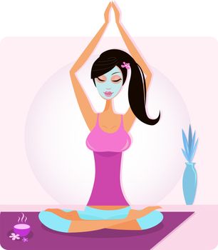 Girl practicing yoga excercise, aromatherapy and cosmetics threatment. Vector Illustration