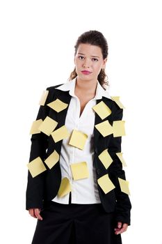 Businesswoman with yellow pos-its, isolated on white