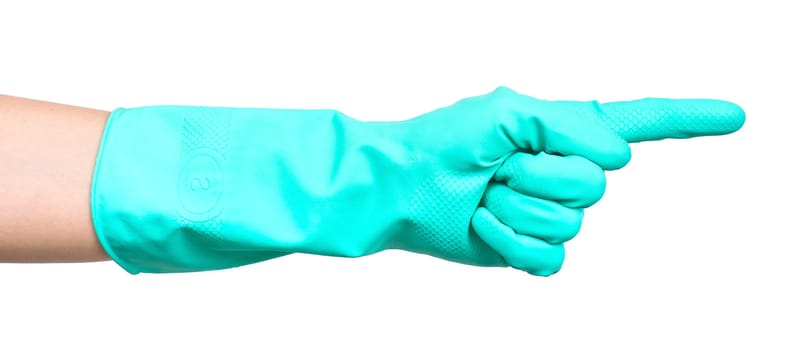 Pointing hand in green protective glove, isolated on a white background