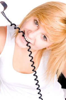 blond woman with retro telephone