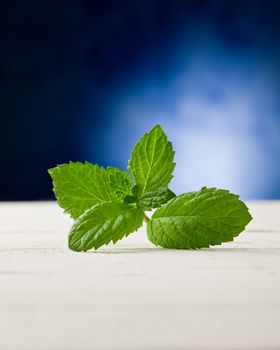 Mint leaves on wooden table with spot light
