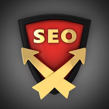 The emblem of the SEO. Shield with the letters SEO and arrows pointing up