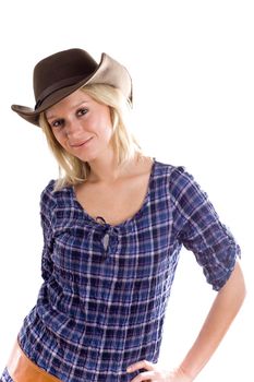 western woman in cowboy shirt and hat 