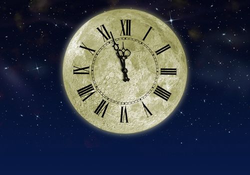 The moon with arrow clock in the star sky