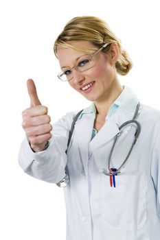 healthcare and medicine: young doctor with thumb up