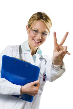 healthcare and medicine: young doctor doing V gesture