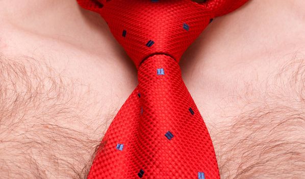 Red tie on male bosom