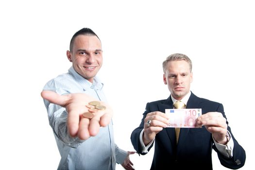 two young businessmen holding money or coins