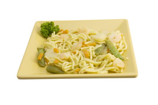 shrimp lo mein on square plate