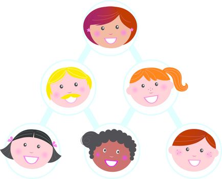 Stylized vector drawing of a team of people heads building a team pyramid.