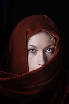 beautiful blond in red velvet shawl