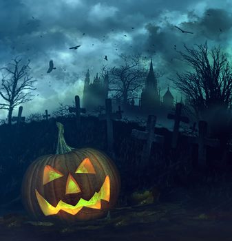 Halloween pumpkin in spooky graveyard