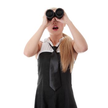 Businesswoman with binocular - shocked, isolated on white