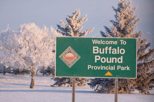 Buffalo Pound Provincial Park sign in winter