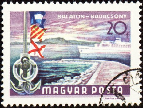 Passenger ship at Balaton lake on post stamp