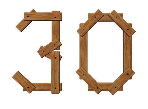 wooden number thirty on white background - 3d illustration