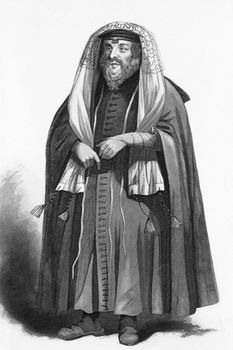 Jewish rabbi dressed for prayers on engraving from 1858. Engraved by R.Young and published by A.Fullarton & Co, London & Edinburgh.