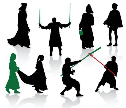 Silhouettes of people in medieval costumes-3