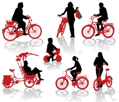 Silhouettes of people and children on bicycles