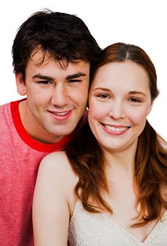 Smiling couple romancing isolated over white