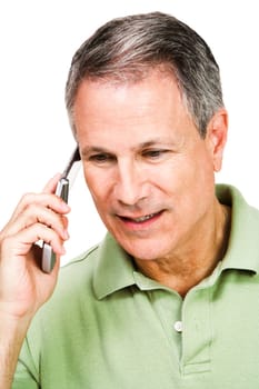 Man talking on a mobile phone isolated over white