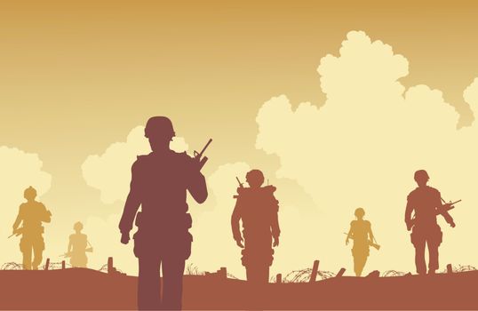 Editable vector illustration soldiers walking on patrol 