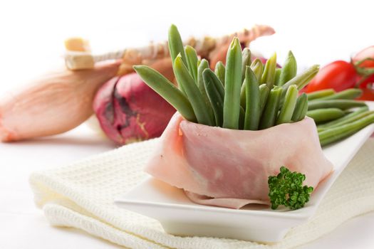 French Beans with wrapped ham