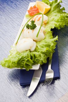 Squid with lettuce on blue glasstable