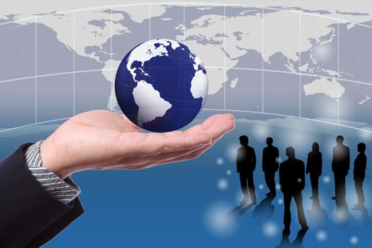 business man Hand with eco global and people standing with world map