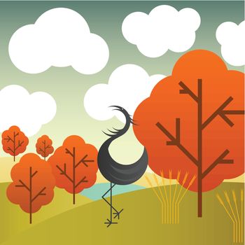 Vector autumn landscape with cranes birds and trees