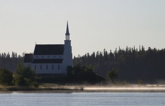 Mist over lake at Stanley Mission