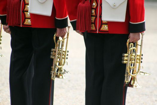 Grenadier guards at attention while inspection by officers