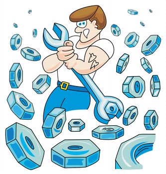 Illustration of worker circled with lots of steel nuts