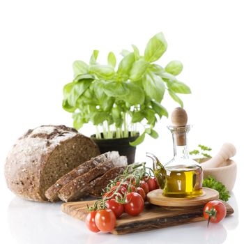 Bread, herbs, olive oil and vegetables