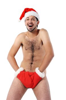 Sexy muscular man wearing a Santa Claus hat isolated on white
