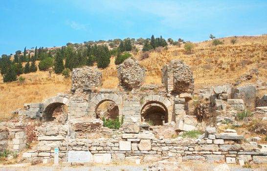 Ruins of columns in ancient city of Ephesus, Turkey