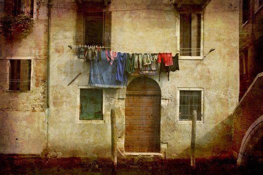 Artistic work of my own in retro style - Postcard from Italy. - Washing day - Venice.