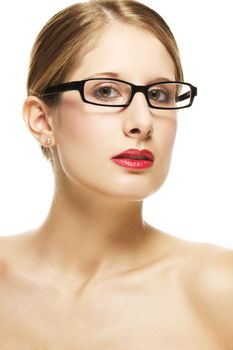 young beautiful woman with black glasses and red lips