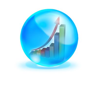 Growth graph in blue crystal ball on white background