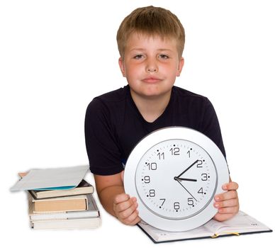 schoolboy with clock on a white background