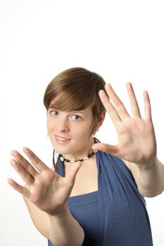 young woman with hands toward the camera