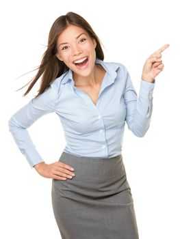 Pointing woman cheerful excited